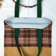 Load image into Gallery viewer, Tote bag. Beautiful check wool with a mustard yellow denim bottom.
