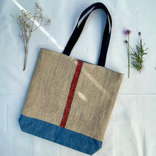 Load image into Gallery viewer, Tote bag. Vintage grain sack tote bag. Vertical green and red stripes.

