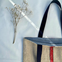 Load image into Gallery viewer, Tote bag. Vintage grain sack tote bag. Vertical green and red stripes.
