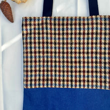 Load image into Gallery viewer, Tote bag. Ex designer check wool fabric tote bag with a royal blue cotton denim bottom.
