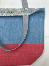 Load image into Gallery viewer, Handbag. Light blue denim and red denim handbag.
