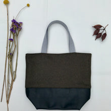 Load image into Gallery viewer, Handbag. Bag. Ex-designer olive green wool fabric and soft black leather handbag.
