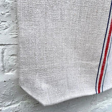 Load image into Gallery viewer, Tote bag. Vintage grain sack tote bag. Vertical deep blue and red stripes.
