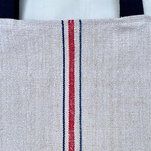 Load image into Gallery viewer, Tote bag. Vintage grain sack tote bag. Vertical deep blue and red stripes.
