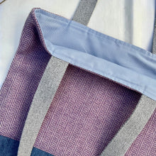 Load image into Gallery viewer, Tote bag. Pale mauve Herringbone pattern wool with a blue cotton denim bottom.
