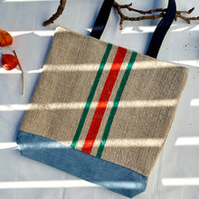 Load image into Gallery viewer, Tote bag. Vintage grain sack tote bag. Vertical green and orange stripes.
