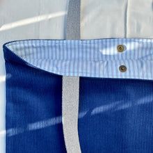 Load image into Gallery viewer, XL Tote bag. Blue cobalt corduroy and blue cotton denim tote bag.
