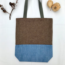 Load image into Gallery viewer, Tote bag. Brown Herringbone pattern wool with a light blue denim bottom.
