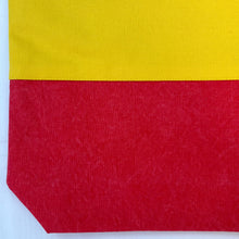 Load image into Gallery viewer, Tote bag. Vibrant yellow and red cotton canvas tote bag. Lined with a royal blue pattern cotton fabric.
