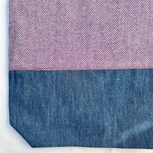 Load image into Gallery viewer, Tote bag. Pale mauve Herringbone pattern wool with a blue cotton denim bottom.
