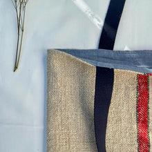 Load image into Gallery viewer, Tote bag. Vintage grain sack tote bag. Vertical green and red stripes.

