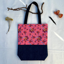 Load image into Gallery viewer, Tote bag. Beautiful flower cotton canvas  with blue bonded denim bottom.

