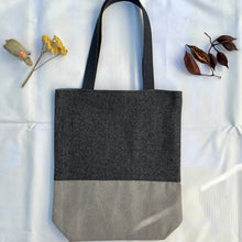Load image into Gallery viewer, Tote bag. Grey Herringbone pattern wool with a grey washed cotton canvas bottom.
