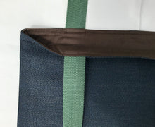 Load image into Gallery viewer, Tote bag. Vintage Japanese kimono fabric tote bag with a mustard yellow cotton denim bottom.
