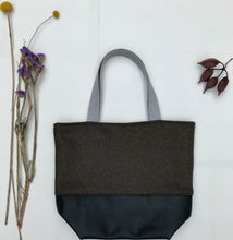 Load image into Gallery viewer, Handbag. Bag. Ex-designer olive green wool fabric and soft black leather handbag.

