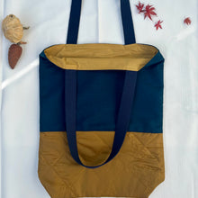 Load image into Gallery viewer, Tote bag. Ex designer check wool fabric tote bag with a royal blue cotton denim bottom.
