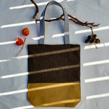 Load image into Gallery viewer, Tote bag. Donegal tweed wool and mustard yellow denim tote.

