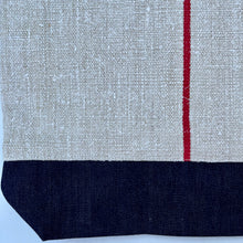Load image into Gallery viewer, Tote bag. Vintage grain sack tote bag. Handwoven. Vertical red stripes (linen). Dark blue denim.
