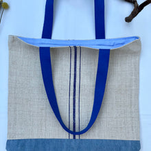 Load image into Gallery viewer, Tote bag. Vintage grain sack tote bag. Handwoven. Vertical blue stripes. Blue denim.
