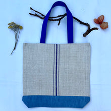Load image into Gallery viewer, Tote bag. Vintage grain sack tote bag. Handwoven. Vertical blue stripes. Blue denim.
