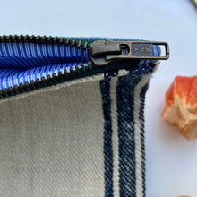 Load image into Gallery viewer, Vintage grain sack fabric and blue denim pouch. 2-fabric pouch with YKK zip. Zippered purse. Zippered pouch.
