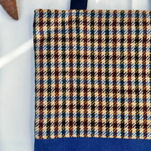 Load image into Gallery viewer, Tote bag. Ex designer check wool fabric tote bag with a royal blue cotton denim bottom.

