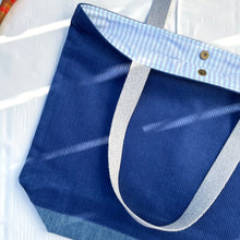 Load image into Gallery viewer, XL Tote bag. Blue cobalt corduroy and blue cotton denim tote bag.
