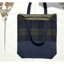 Load image into Gallery viewer, Tote bag. Navy blue and green tweed check design and dark blue denim tote.
