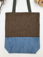 Load image into Gallery viewer, Tote bag. Brown Herringbone pattern wool with a light blue denim bottom.
