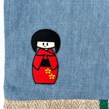 Load image into Gallery viewer, Unique tote bag. Light blue denim with embroidered patches and a vintage grain sack bottom.
