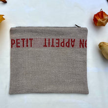 Load image into Gallery viewer, &quot;Bon appetit&quot; French linen and light blue denim fabric pouch.  Zippered purse. Zippered pouch. YKK metal zipper.

