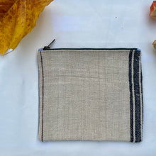 Load image into Gallery viewer, Vintage grain sack fabric and blue denim pouch. 2-fabric pouch with YKK zip. Zippered purse. Zippered pouch.
