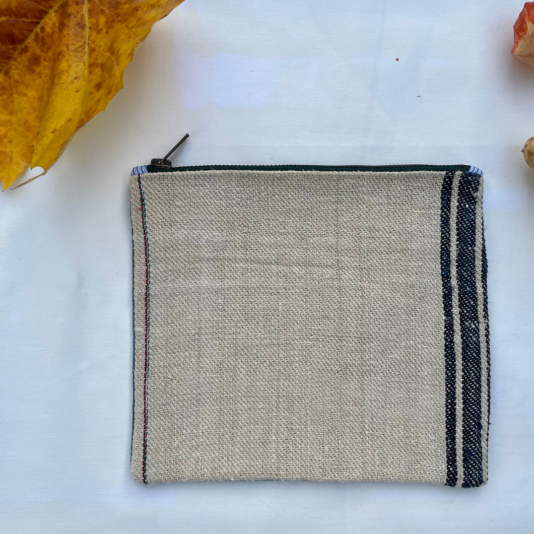 Vintage grain sack fabric and blue denim pouch. 2-fabric pouch with YKK zip. Zippered purse. Zippered pouch.
