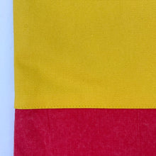 Load image into Gallery viewer, Tote bag. Vibrant yellow and red cotton canvas tote bag. Lined with a royal blue pattern cotton fabric.

