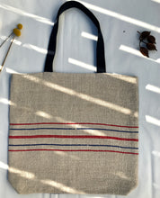 Load image into Gallery viewer, Tote bag. Vintage grain sack and light blue denim tote bag.  A two-fabric tote bag.
