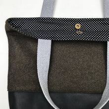 Load image into Gallery viewer, Handbag. Bag. Ex-designer olive green wool fabric and soft black leather handbag.
