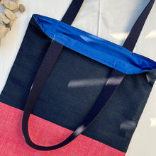 Load image into Gallery viewer, Tote bag. Vintage Japanese kimono fabric tote bag with a red bonded cotton denim bottom.
