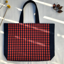 Load image into Gallery viewer, Orange and navy blue gingham handbag with blue denim
