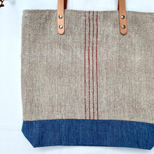 Load image into Gallery viewer, Tote bag. Vintage grain sack tote bag with leather straps. Vertical deep red stripes.
