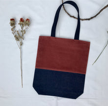 Load image into Gallery viewer, Tote bag. Rust corduroy and dark blue denim tote bag.
