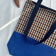 Load image into Gallery viewer, Tote bag. Ex designer check wool fabric tote bag with a royal blue cotton denim bottom.
