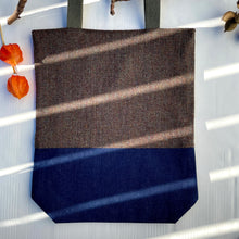 Load image into Gallery viewer, Tote bag. Green and brown tweed wool and dark blue denim tote.
