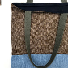 Load image into Gallery viewer, Tote bag. Brown Herringbone pattern wool with a light blue denim bottom.
