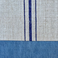 Load image into Gallery viewer, Tote bag. Vintage grain sack tote bag. Handwoven. Vertical blue stripes. Blue denim.
