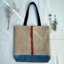 Load image into Gallery viewer, Tote bag. Vintage grain sack tote bag. Vertical green and red stripes.
