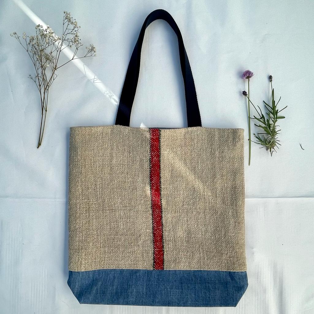 Tote bag. Vintage grain sack tote bag. Vertical green and red stripes.