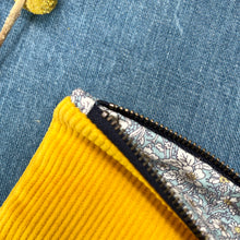 Load image into Gallery viewer, Canary yellow cotton corduroy and light blue cotton denim pouch. 2-fabric pouch with YKK zip. Zippered purse. Zippered pouch.
