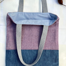 Load image into Gallery viewer, Tote bag. Pale mauve Herringbone pattern wool with a blue cotton denim bottom.
