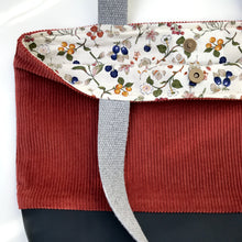 Load image into Gallery viewer, Handbag. Bag. Rust corduroy and navy blue leather bag.
