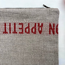 Load image into Gallery viewer, &quot;Bon appetit&quot; French linen and light blue denim fabric pouch.  Zippered purse. Zippered pouch. YKK metal zipper.
